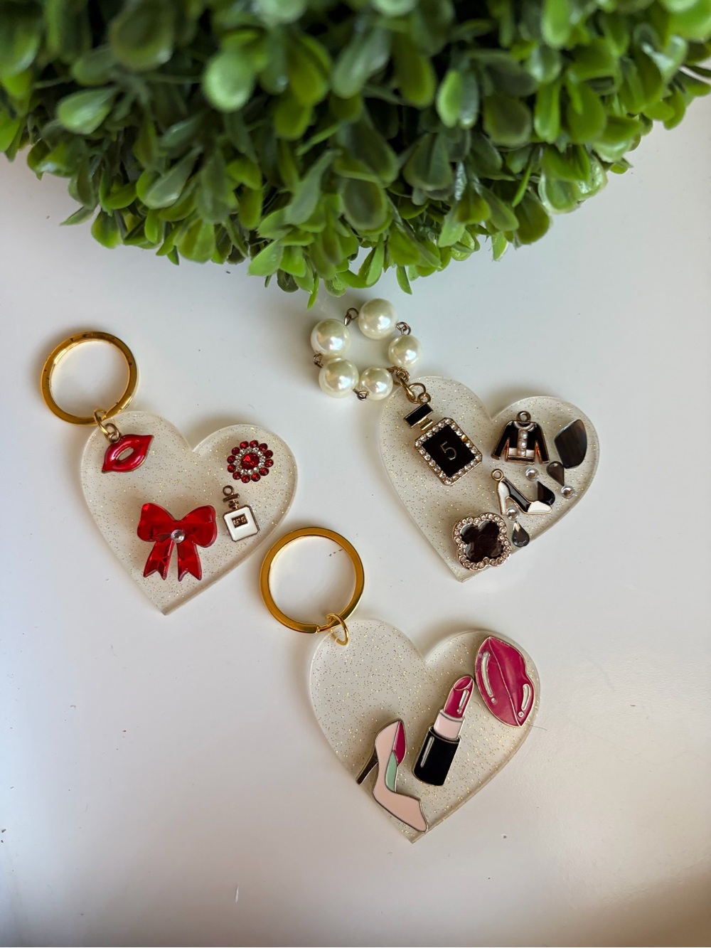 Heart Charm Keychain Trio - White Glitter with Pink & Red Accents